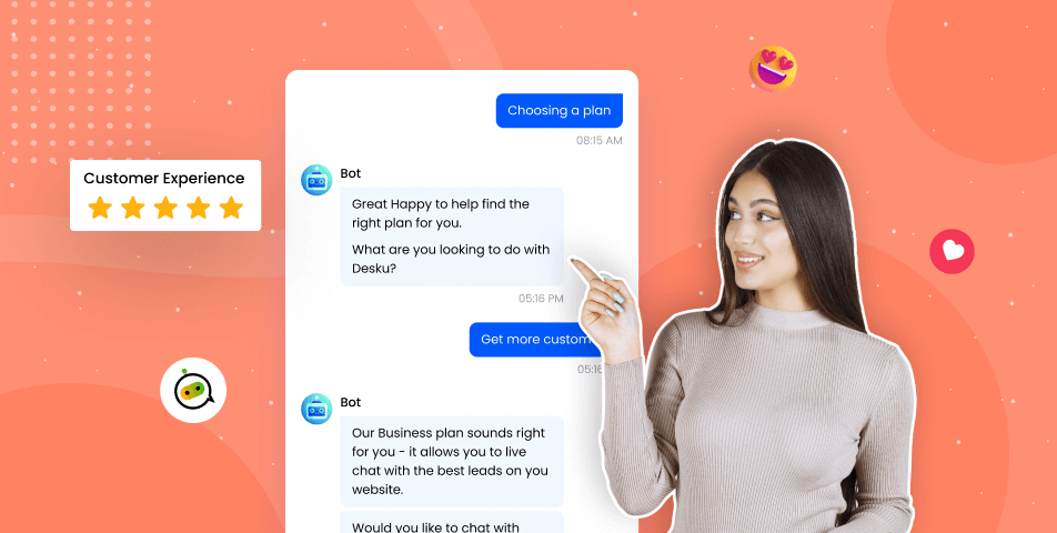 A woman is standing next to a customer service app, providing an ai experience.
