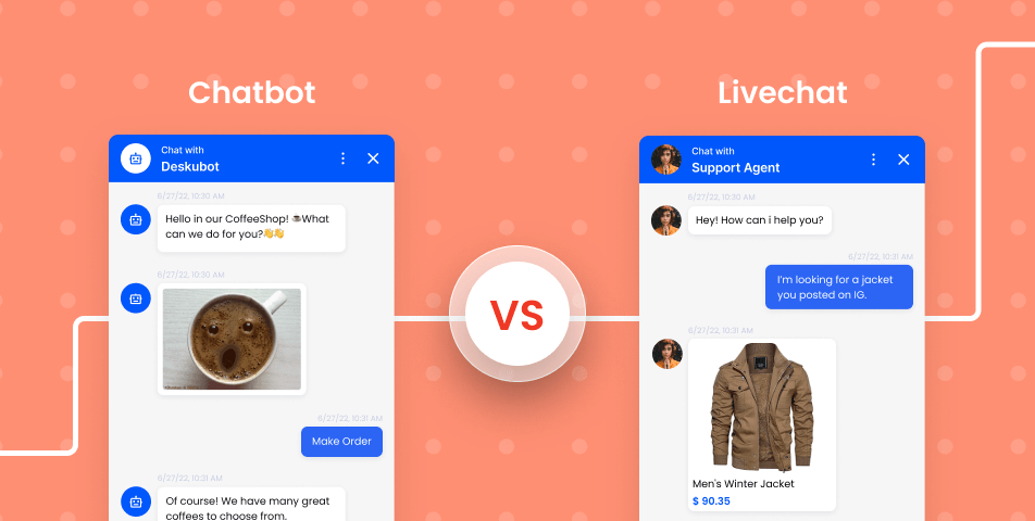 Chatbot vs live chat - a comparison of automated virtual assistants (chatbots) and real-time human support through live chat for efficient customer interaction.