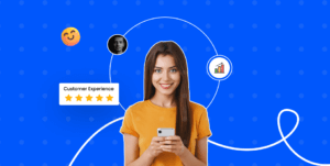 An image showcasing a woman's excellent customer service performance as she confidently holds a cell phone, with a captivating circle of stars encircling it.