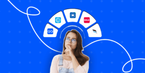 A woman is looking at social media icons on a blue background while exploring the best Shopify subscription apps.