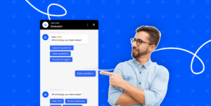 A man is pointing to a chat app for customer service on a blue background.