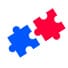 A blue and red puzzle piece on a white background.