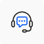 A blue icon with a headset and a speech bubble, designed for the customer side.