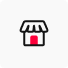 A multi-store icon with a red roof standing out in black and white.