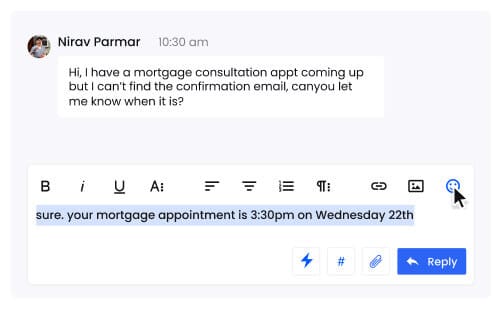 A screenshot of a text message from customer support discussing a mortgage.