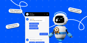 A blue background with a robot equipped with AI in customer service on it.