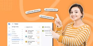 A woman is pointing to a list of tasks on an orange background, emphasizing the importance of email organization.