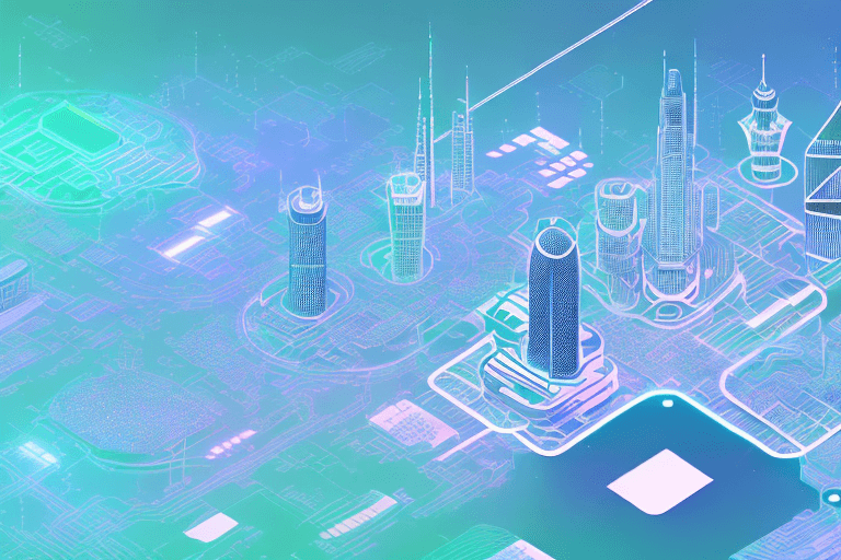 An image of a generative AI market with futuristic buildings in a futuristic city.