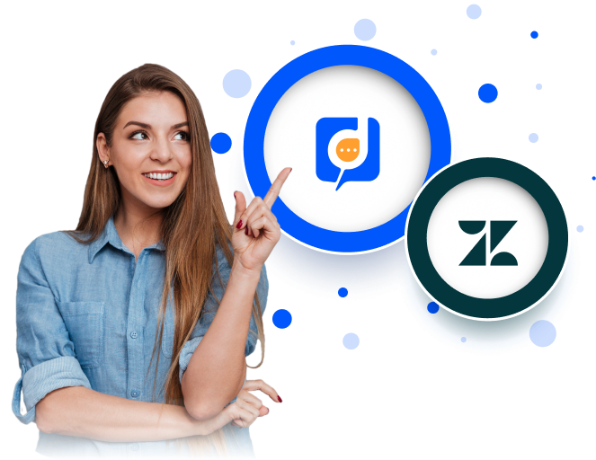 A woman is pointing to the zendesk logo.