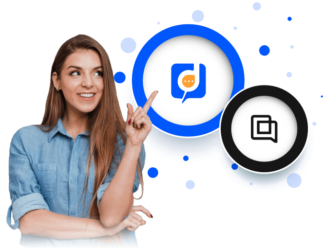 A woman is pointing to a blue circle with a bitcoin icon on it while using desku for analysis.