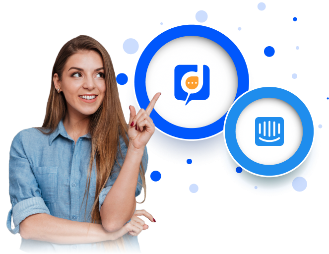 A woman is pointing to a blue icon with a phone icon on it, indicating the use of desku for phone communication.