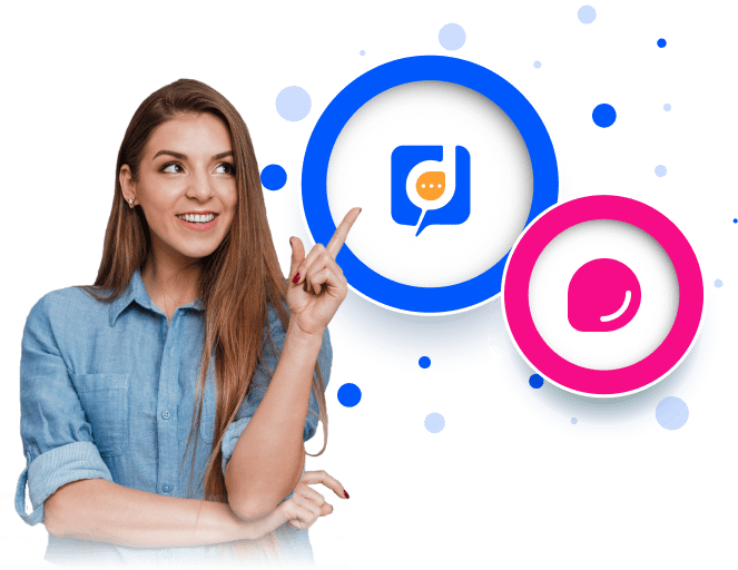 A woman is pointing to a pink and blue desku icon.