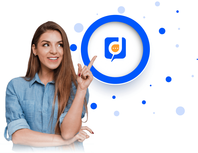 A woman is pointing to a blue circle with a smiley face on it, serving as an alternative banner.