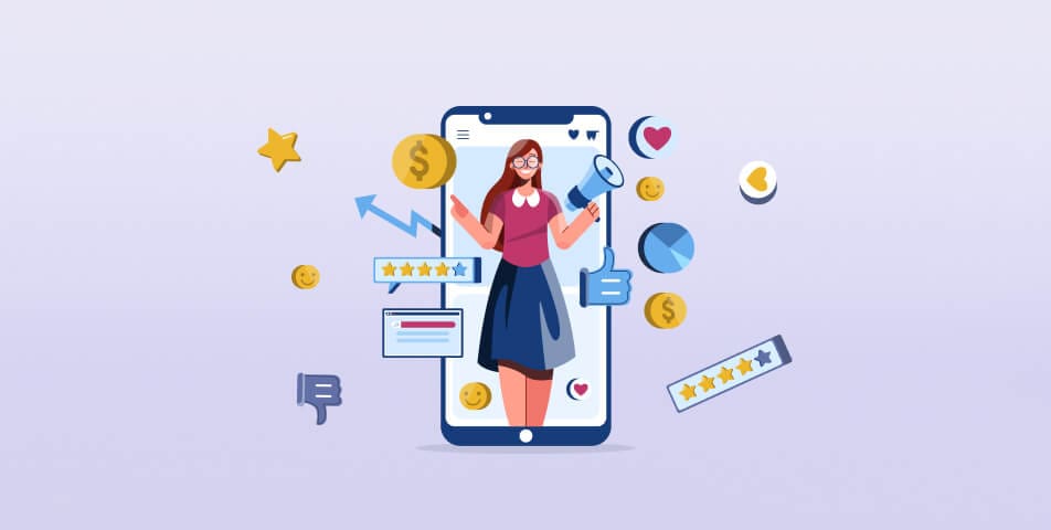 An illustration of a woman holding a mobile phone with icons on it, demonstrating customer engagement strategies.
