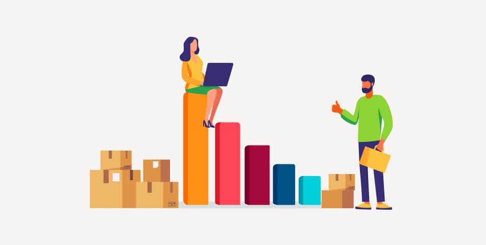 A man and a woman standing on top of a bar chart, discussing how to reduce returns in e-commerce.