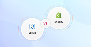 Two logos featuring the words sellvia vs shopify.