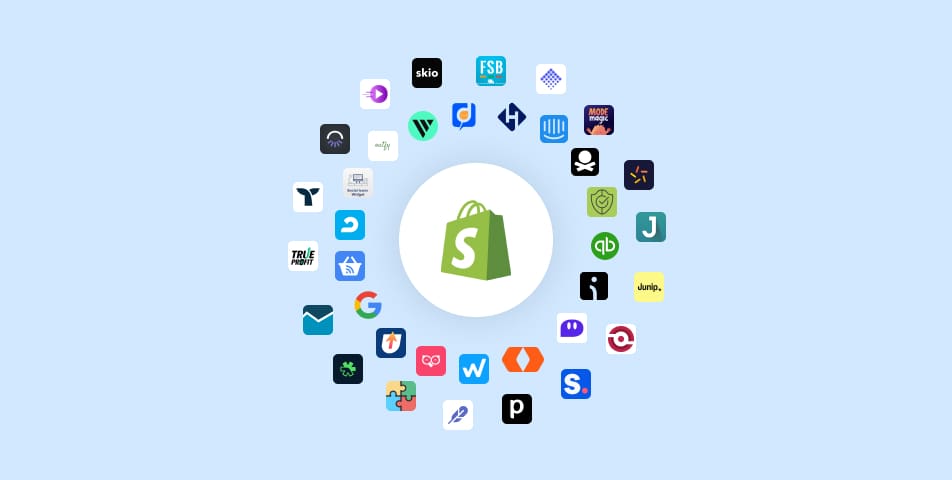 A circle of assorted shopify icons showcasing various shopify apps.