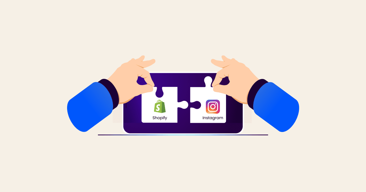 A hand holding a tablet with a piece of a puzzle on it, connecting to Instagram with Shopify.