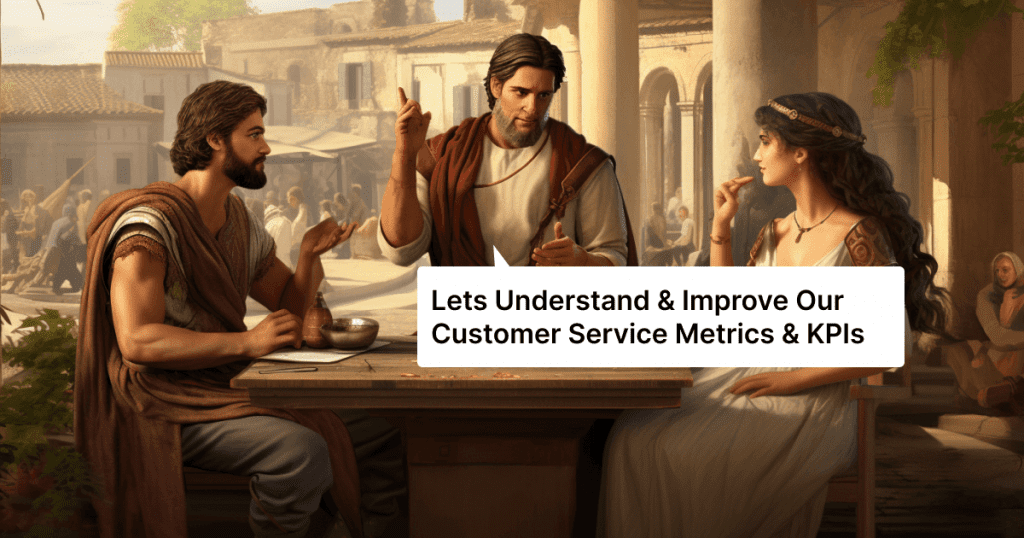 A group of people at a table analyzing customer service metrics.