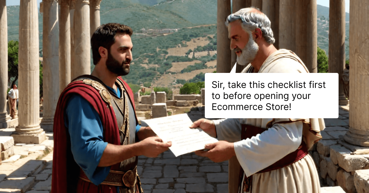 A man in a roman costume is delivering an ecommerce launch checklist to another man.