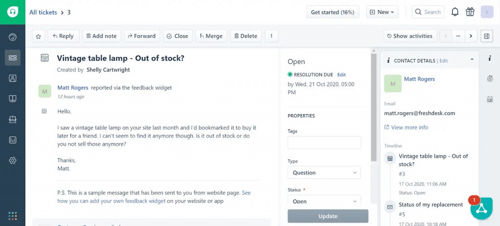 A screen shot of a page with a green button on it, showcasing the features of freshdesk.